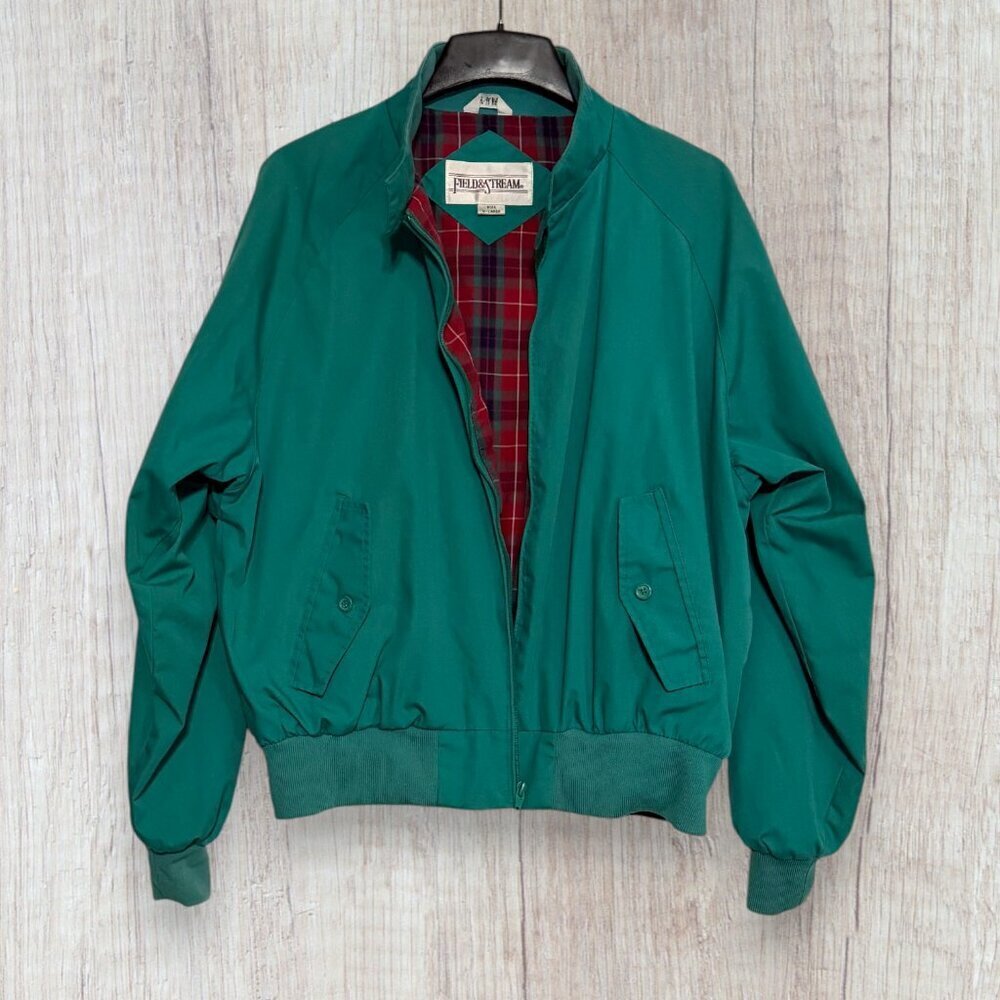 Vintage Field & Stream Green Bomber Jacket XL Plaid Lined Preppy Golfcore Retro